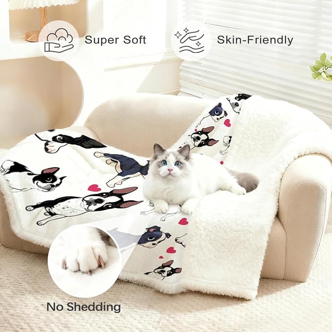 BlessLiving Boston Terrier Sherpa Blanket Queen Size 90x90 Inches - 3D Red Hearts Puppy Dog Print Super Soft Plush Fleece Throw for Adults, Women, Pet Lovers, Cute Animal Themed Gift