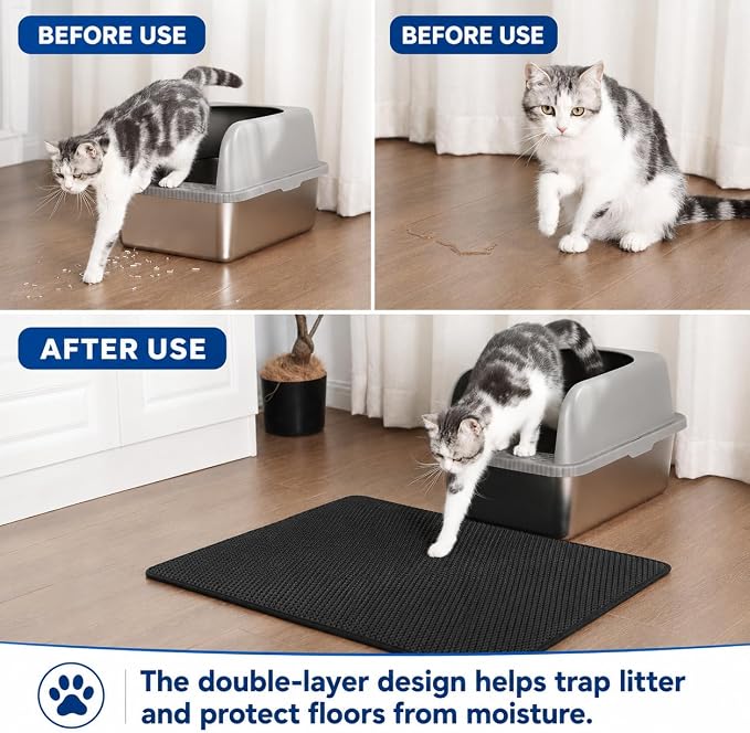 Cat Litter Mat 24 x 18 Inch, Double-Layer Honeycomb Litter Trapping Mat with Waterproof Leatherette Bottom, Urine-Resistant, Non-Slip, Easy to Clean, （Black）
