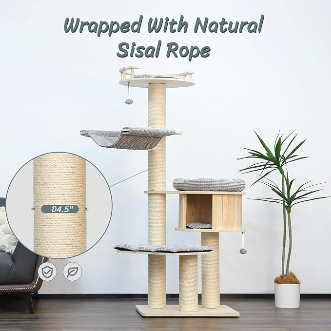 Tall Cat Tree, 68" Large Cat Tower Multi-Level Platforms with Sisal Scratching Posts, Cat Tree for Large Cats 20 lbs Heavy Duty, Cat Condo Furniture for Active Cats, Top Fence Safety