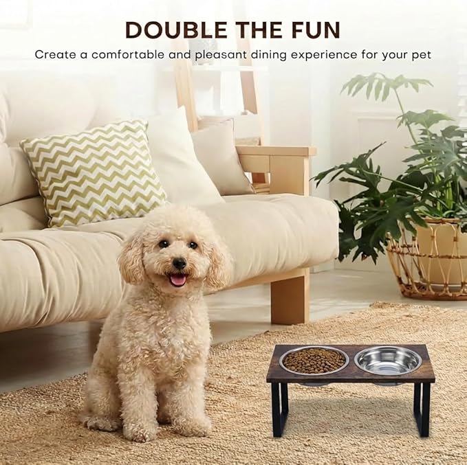 Elevated Dog Bowl Stand for Medium and Large Dogs, MDF Raised Dog Feeder with 2 Stainless Steel Bowls, Tilted Dog Food and Water Dish Set, Wooden Pet Feeding Station (Black)
