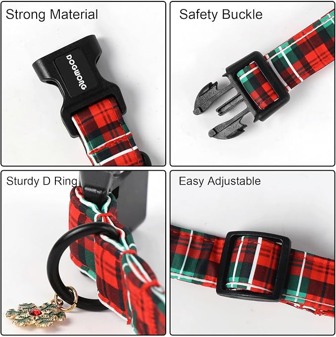 DOGWONG Christmas Plaid Dog Collar- Cute Red Christmas Checked Dog Collars Adjustable Grid Dog Collar for Small Medium Large Dogs M