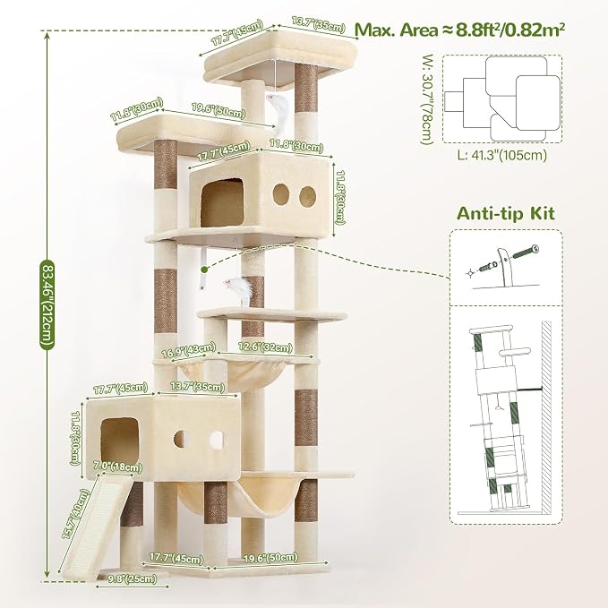 Globlazer 83inch Sturdy Multi-Level Tall Cat Tower, S83G, Beige | Extra Large Heavy Duty Cat Tree for Indoor Large Adult Cats Kittens with 2 Cat Condo, 8 Scratching Post, 2 Hammock