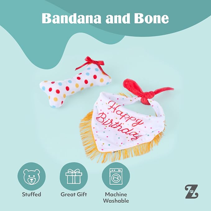 ZippyPaws Dog Birthday Gift Bandana & Bone - Cute Accessories for Girl & Boy Dogs, Holiday Set, Fits Small, Medium, & Large Dogs, Stuffed Plush Toy, Machine Washable Handkerchief - One Size Fits Most