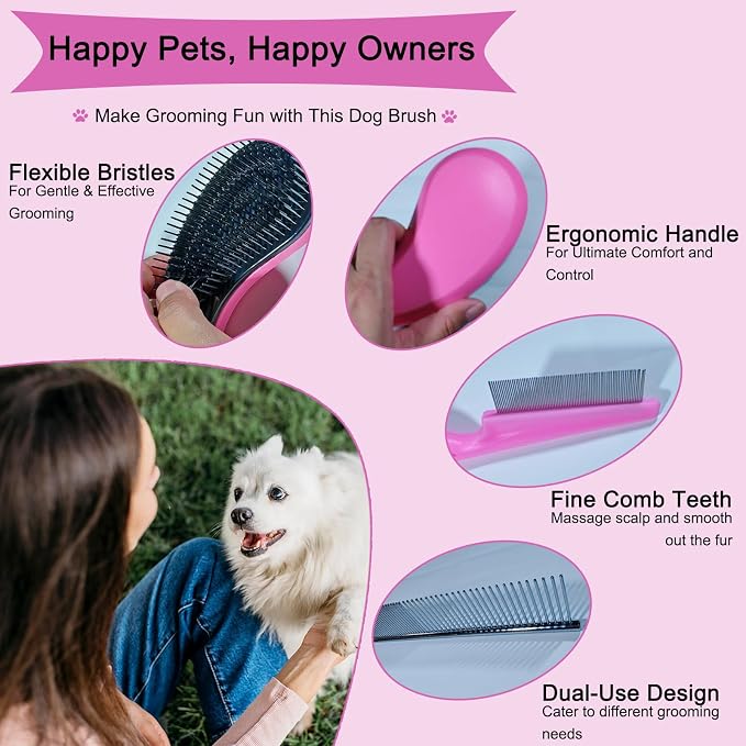 3 PCS Puppy Brush Grooming Kit, Stainless Steel Flea Comb, Fit for Yorkie, Shih Tzu, Maltipoo, Soft Bristle (Pink)
