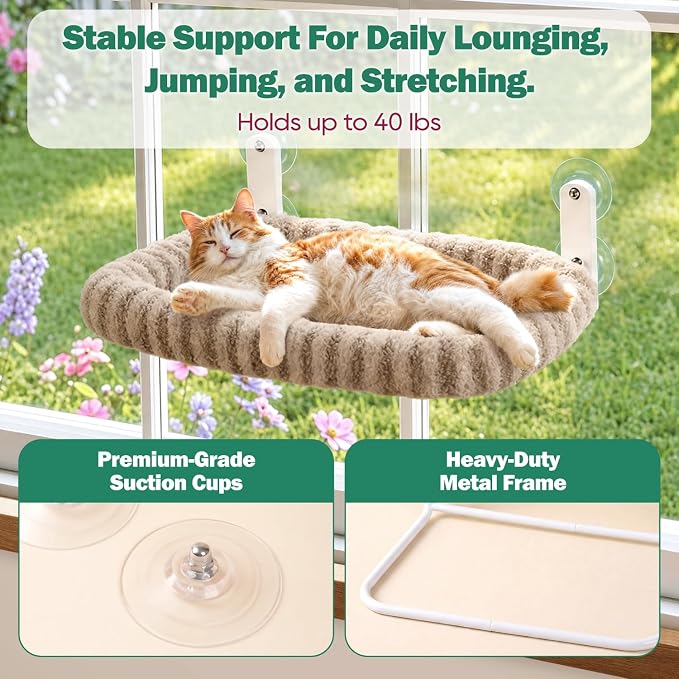 Zakkart Mellow Foldable Cat Window Perch, Upgraded Suction Cups (Brown, M) | Curtain-Friendly, Dual-Fabric Striped Machine Washable Bed, Heavy Duty ABS & Metal Frame, Hold up to 40 lbs., 22.8"W x 15.5"D