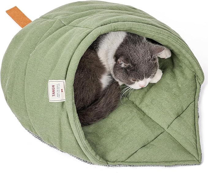 Cat Sleeping Bag Cave Bed with Non-Slip Bottom (Green with Support) | Comfortable Linen Fabric, Non-stick Hair, Felt Handle, Washable, Suitable Size for Most Cats and Puppy, Durable Pet Nest