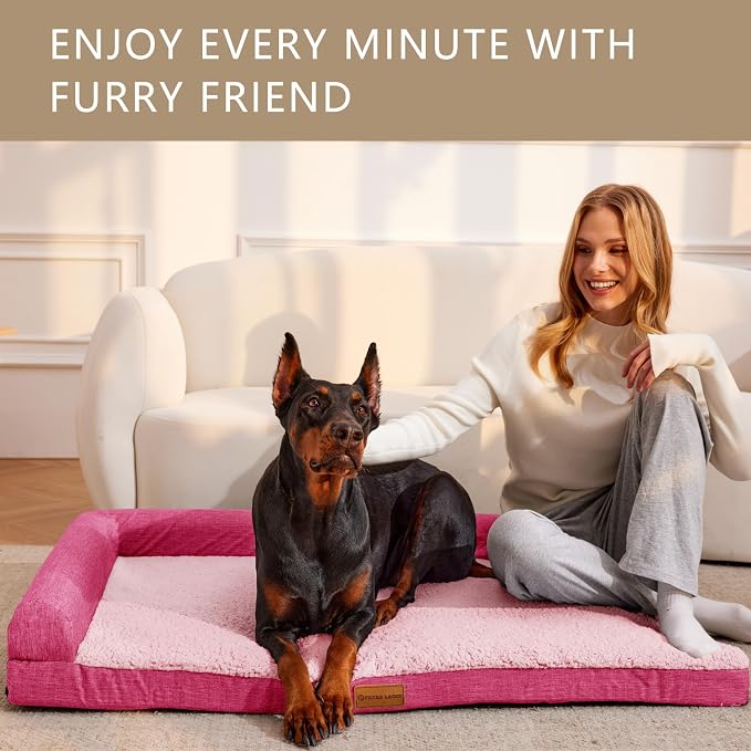 Patas Lague Orthopedic Large Dog Bed Washable Pet Sofa Bed 42''X28''Pink | 2-Sided Bolster Egg-Crate Foam Dog Couch Large Sized Dogs, Waterproof Removable Washable Cover, Nonskid Bottom Pet Crate Mat