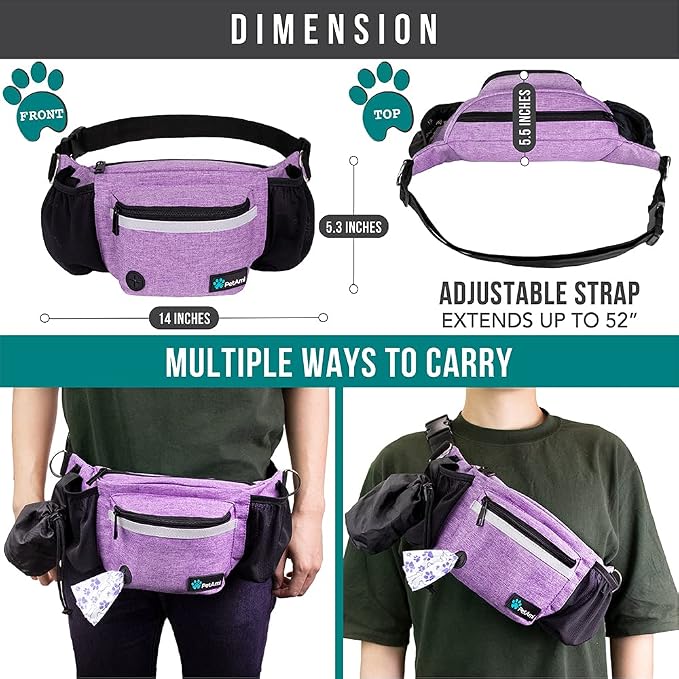 PetAmi Dog Fanny Pack, Treat Pouch for Dog Walking Training, Purple | Built in Poop Bag Dispenser, Water Bottle Holder, Collapsible Bowl, Pet Treat Waist Belt for Hiking Running Kibbles