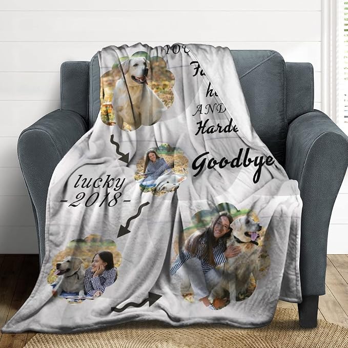 Personalized Throw Blanket Custom Blankets with Dog Photo Name Hello and Goodbye Soft Fleece Blanket for pet Memorial Gifts 4 Photos Collage