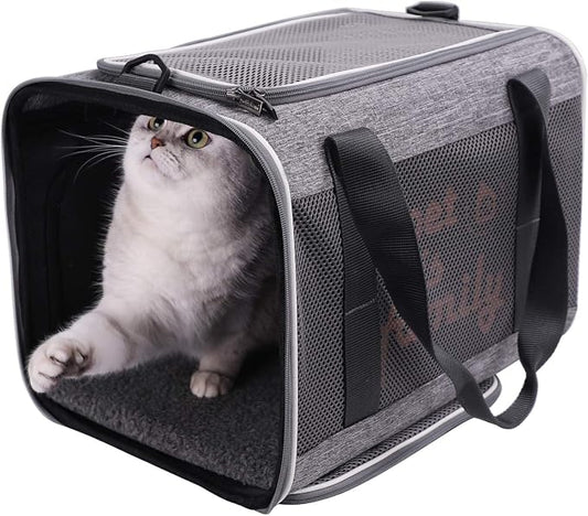 You've got This Cat Carrier with Privacy Flaps for Nervous Fur-Kids. Top-Load Quick-in. 360° Airy Mesh Windows Let Cats See You & Reduce Travel Anxiety. Rip-Stop Fabric & Lockable Zips Hug Securely