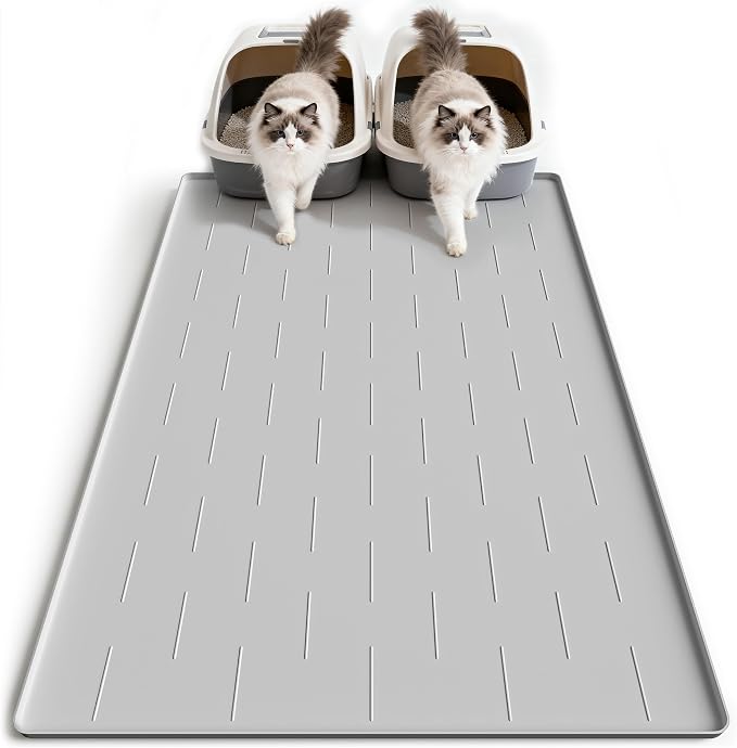 Pieviev Extra Large Silicone Litter Box Mat, Easy to Clean, 40'' x 28'' | Deep Grooves Trap Litter, Soft on Kitty Paws, Cat Mat with Non-Slip Backing, Raised Edge Catch Urine and Spills