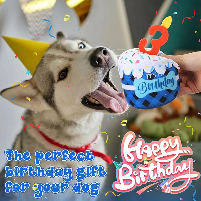 Dansydaisy Dog Birthday Cake Toy Squeaky Plush Toy for Girl Boy Gifts, Chew Accessories for Dog Birthday Party Decor Favor for Large, Medium and Small Dogs(3rd,Blue Grid)