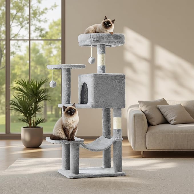 44 Inch Small Cat Tree Tower for Indoor Cats and Kittens | Multi-Level Cat Climbing Tower with Natural Sisal Scratching Post and Hammock, Pet Condo, Light Grey