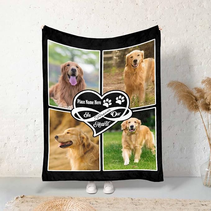 InterestPrint Personalized Pet Memorial Blanket Dog in Our Hearts Blanket Custom Loss of Dog Memorial Fleece Blankets Memory Throw Blanket Gift for Grieving Pet Owner 40X50 Inch