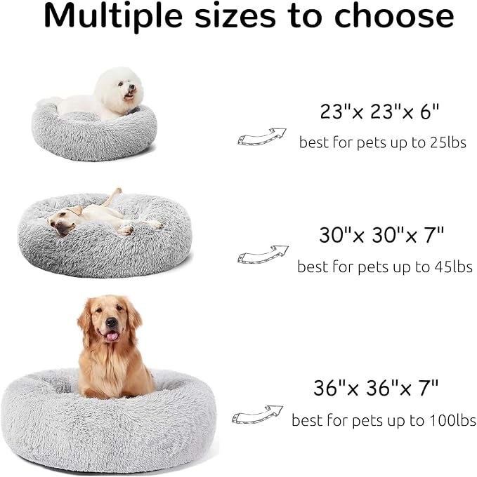 HACHIKITTY Calming Donut Cuddler Dog Bed, Round Fluffy Pet Bed for Large Dogs,Washable, Large, Gray, 30''