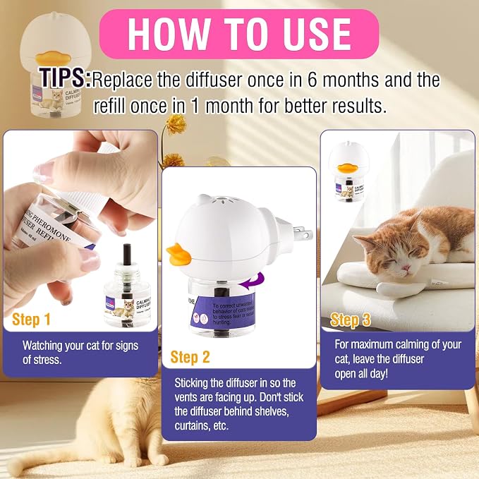 Cat Calming Pheromone Diffuser Reduces Conflict Between Cats Effective Anxiety Relief for Cats & Cat Calming Soothing 48ML 3 Refills Fits All Cats, 3 Packs (B)
