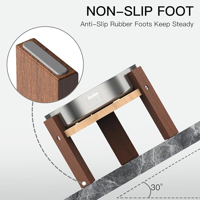 Feedoo Elevated Dog Bowl Stand, 6'' Height Raised Stand for Medium Dogs, Includes 2Cups Stainless Steel Slow Feeder Dog Bowl, Durable Solid Hardwood
