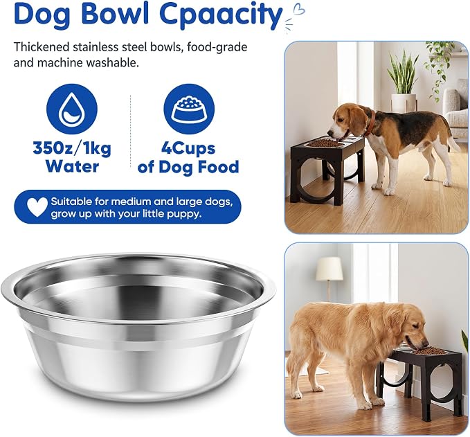 XIAZ Elevated Dog Bowls Large Breed Raised Dogs Bowl Stand Large/Medium Sized Dog Stainless Steel Food Water Bowl Stands 5 Heights Adjustable 9/11/12/14in Black Pet Feeder Dish Station