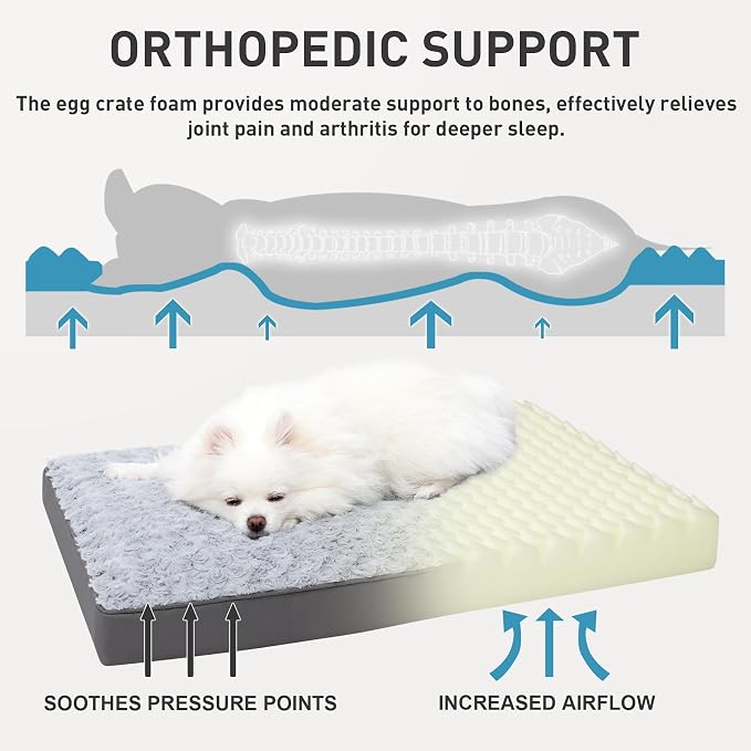 KSIIA Washable Dog Crate Bed Waterproof for Medium Dogs,29x18 in,Light Gray | 3in egg crate foam,orthopedic support,Soft rose velvet,3ply waterproof fabric,removable cover,anti-slip base,washable