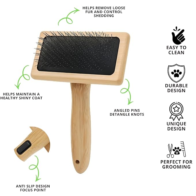 Removes Loose Fur & Tangles Fast | Dog & Cat Slicker Brush | Bamboo Deshedding Tool for All Coat Types | Gentle & Eco-Friendly Grooming