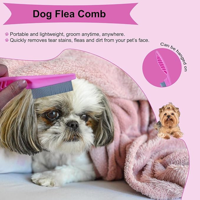 3 PCS Puppy Brush Grooming Kit, Stainless Steel Flea Comb, Fit for Yorkie, Shih Tzu, Maltipoo, Soft Bristle (Pink)