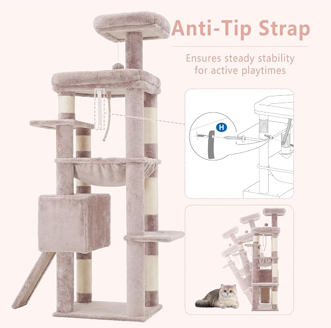 Heybly 64.2" Heavy-Duty Cat Tree for Large Cats with Wide Base HCT027MU | Indoor Cat Tower with Scratching Posts & Board, Cat Furniture with Big Platforms, Extra-Large Hammock, Rosy Brown