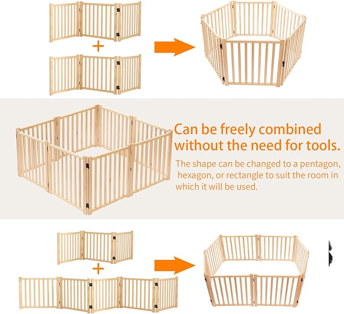 YOCAN Non-Painted Wooden Freestanding Dog Gates for The House,Doorways, Stairs,Wood Dog Fences Indoor Pet Gate,Step Over Fence-3 Panels L:69" H:23"