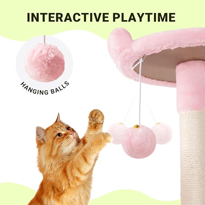 Allewie 64 Inches Multi-Level Cat Tree Tower for Indoor Cats Pink | Activity Center for Big Felines/2 Plush Condos/2 Perchs/Basket/House/Sisal Scratching Posts/Hanging Cat Toys