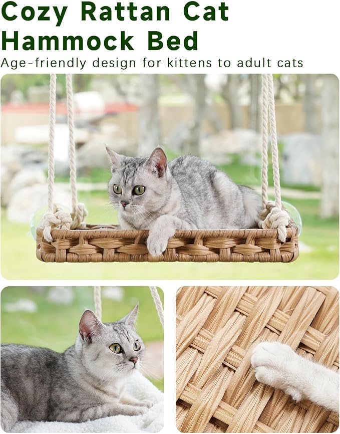 SETVSON Cat Window Perch Cat Window Hammock Bed, PE Rattan, Natural | 360° Clear View Bird Watching Seat, Sunbathing Shelf with 4 Suction Cups, 2.3 Inch Fence, Removable Washable Cushion