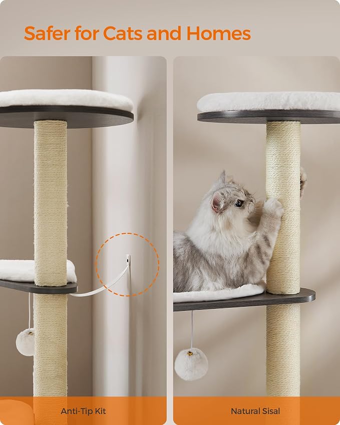 Feandrea Cat Tree, 65-Inch Multi-Level Tower with 5 Scratching Posts | Modern Cat Condo for Indoor Cats, Perch, Washable Removable Cushions, Misty Gray, CAEN Collection UPCT166G03
