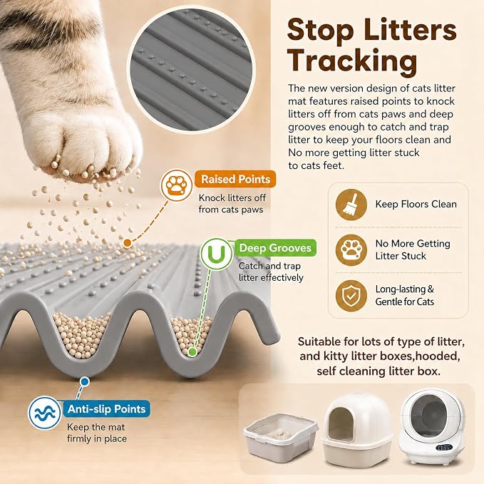 Mofason Cat Litter Mat Litter Trapping Mat XXL Grey Silicone Litter Box Mat | Waterproof 38"x25" kitty litter mat for floor; extra large litter trapping, litter matt for cat litterbox easy clean pet mat