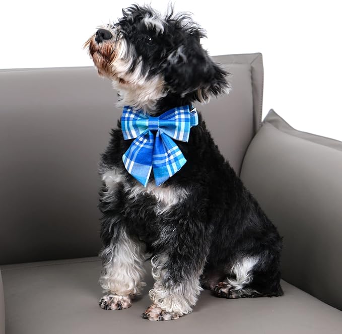 DOGWONG Cotton Blue Plaid Dog Collar, Cotton Dog Collar with Bow Cute Boy Dog Collar Puppy Necklace for Female Small Medium Large Dogs