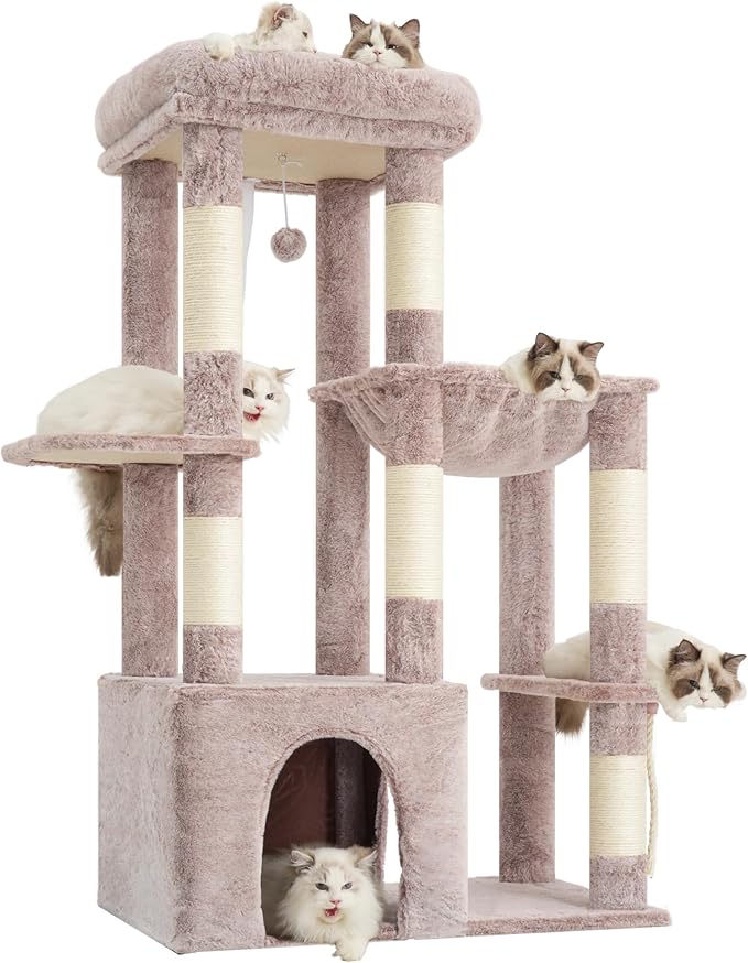 Heybly Heavy Duty Cat Tree with Large Base for Large Indoor Cats HCT026MU | Cat Tower with Scratching Posts, Tall Cat Condo House , Multi-Level Plush Furniture with Hammock & Toy Balls, Rosy Brown