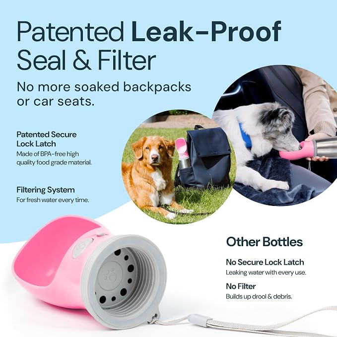 MalsiPree Insulated Dog Water Bottle - 24 oz Pink, Stainless Steel | 24oz insulated steel bottle & bowl - leak-proof - Use for dog travel, hiking, park & beach days