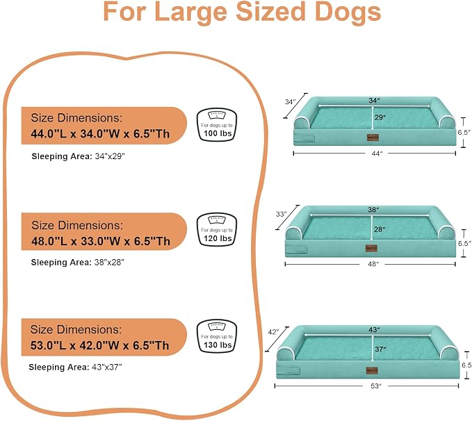 NANUYA Orthopedic Dog Bed for Jumbo Dogs, 53 x 42 Inch, Aqua Blue | Egg crate foam for joint support, 3-sided bolster pet sofa, waterproof lining, washable cover, and non-skid base