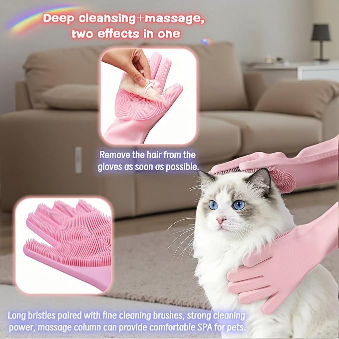 Silicone Dog Grooming Glove for Dogs and Cats, Enhanced Five-Finger Fit, Non-Slip & Extended Cuff, Dual-Sided Pet Bath Brush for Washing, Massage & Deep Cleaning 1 Pair (Pink)