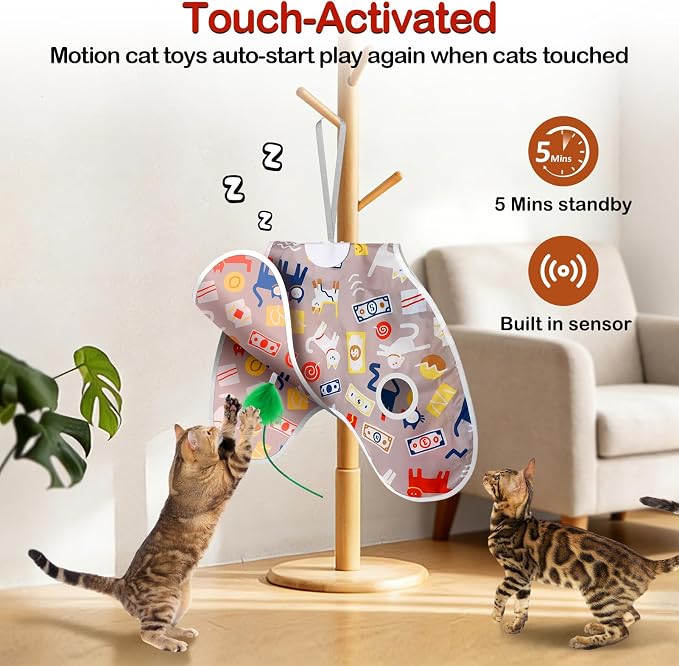 Interactive Cat Toys Moving Concealed Feathers Cat Toys Motion Activated Wall-Mounted Hanging Kitten Toy with Real Mouse Squeaky
