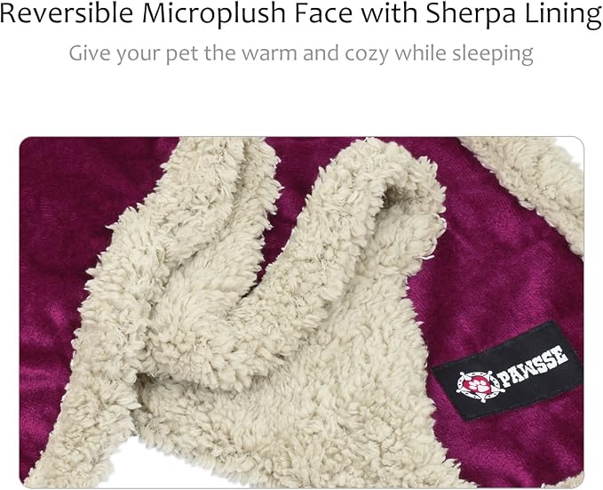 Pawsse Sherpa Puppy Blanket for Small Dogs Kitten, Warm Flannel Plush Pet Bed Blanket Reversible, 45"x30" Wine/Tan