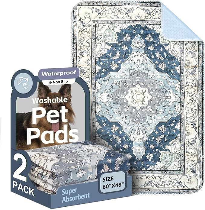 Washable Pee Pads for Dogs, 2 Pack Reusable Puppy Training Pads 60"x48" Super Absorbent Waterproof Dog Training Pads, Non-Slip Potty Pads, Whelping Pads Litter Mat Navy & Ecru