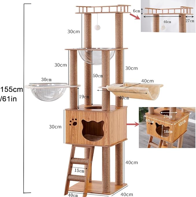 61'' Wooden cat Tree with cat Condo, Cat Stairs Scratching Posts, 2 Bowl,Sisal Scratching Posts,Cozy Cat Hammock and Top Perch. Cat Tree for Large Cats.