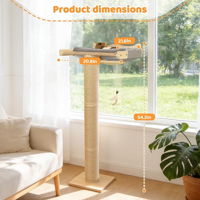 Cat Window Perch Hammock with 3-Piece Detachable Roman Column Sisal Scratching Posts, Gray Fluffy Cusion, Drill-Free Suction Cup Mount, Extra Large for Large Cats & Maine Coons, 60 LBS Capacity