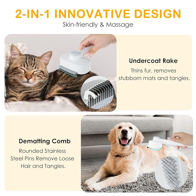 2-IN-1 Pet Self-Deshedding and Grooming Brush for Dogs and Cats | Pet Brush with Undercoat Rake & Adjustable Bristle Length Comb, One-Click Hair Removal for Matted Fur Tangles Long Short Hair