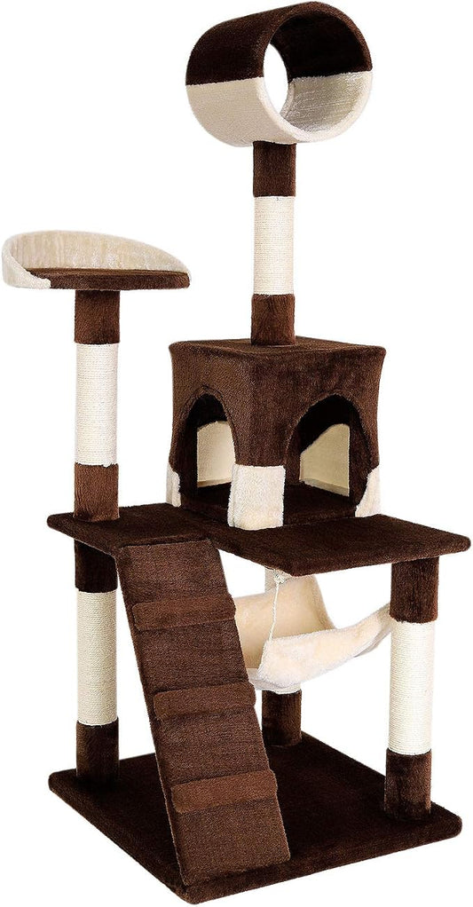 lionto Scratching Tree for Cats with Hammock & Tunnel, Height 52,4 in, cat Tree with sisal Rope & Soft Plush, Cozy Lying Areas & Caves, Suitable for Small & Large Cats, Beige/Brown