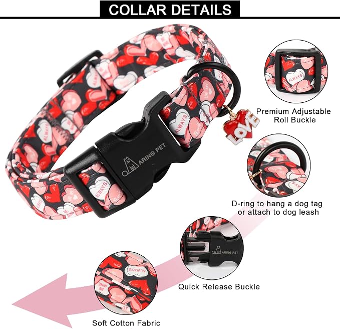ARING PET Valentine's Day Dog Collar, Cute Black Red Heart Adjustable Valentines Pet Collars with Quick Release Buckle for Girl&Boy Dogs-M