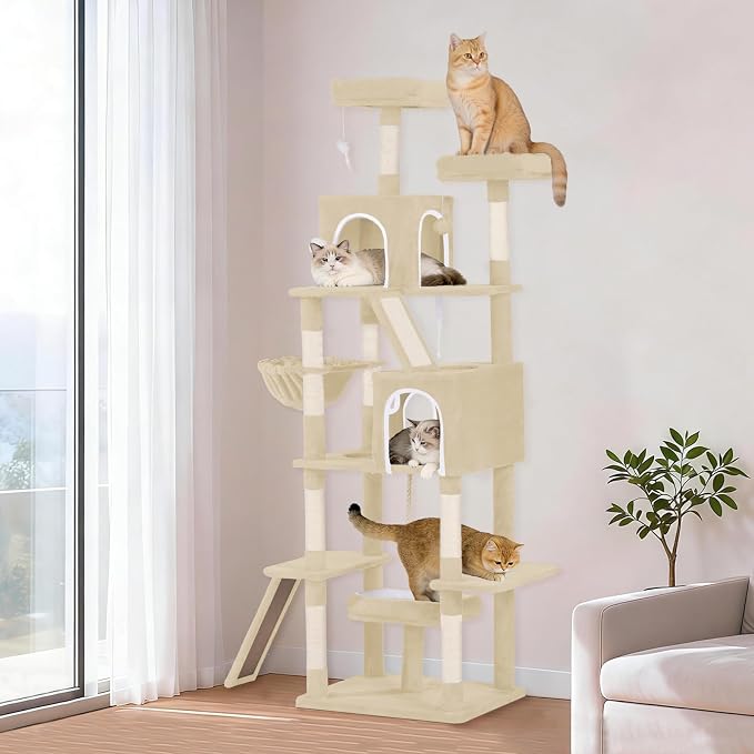 Multi-Level Cat Tree with 2 Cozy Condos, 89" Tall Cat Tower for Large Cats, Heavy Duty, Scratch Posts & Perches (Beige)
