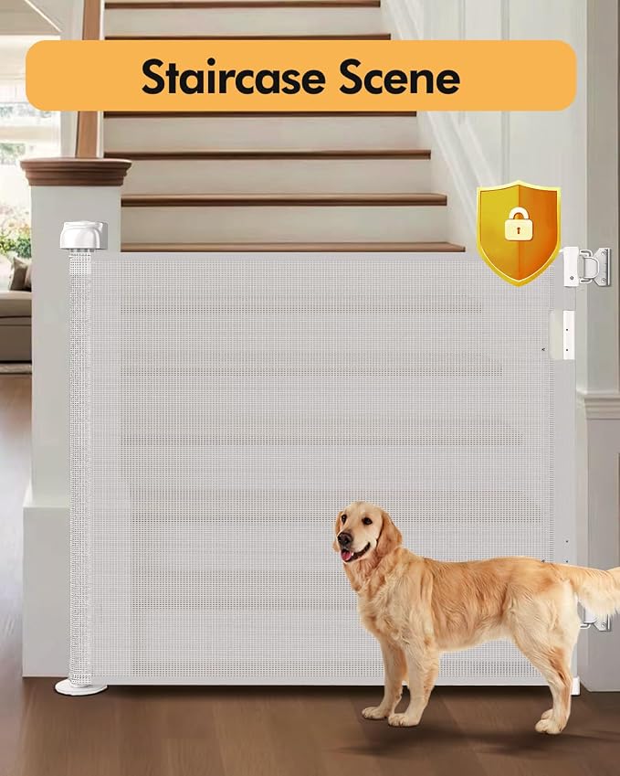 (2 Pack) Retractable Baby Gate for Stairs & Doorways,55" Wide x 33.6" Tall Easy Installation Mesh Dog Gate for Indoor & Outdoor Use,Pet and Dog Safety Gate for Hallways(White)