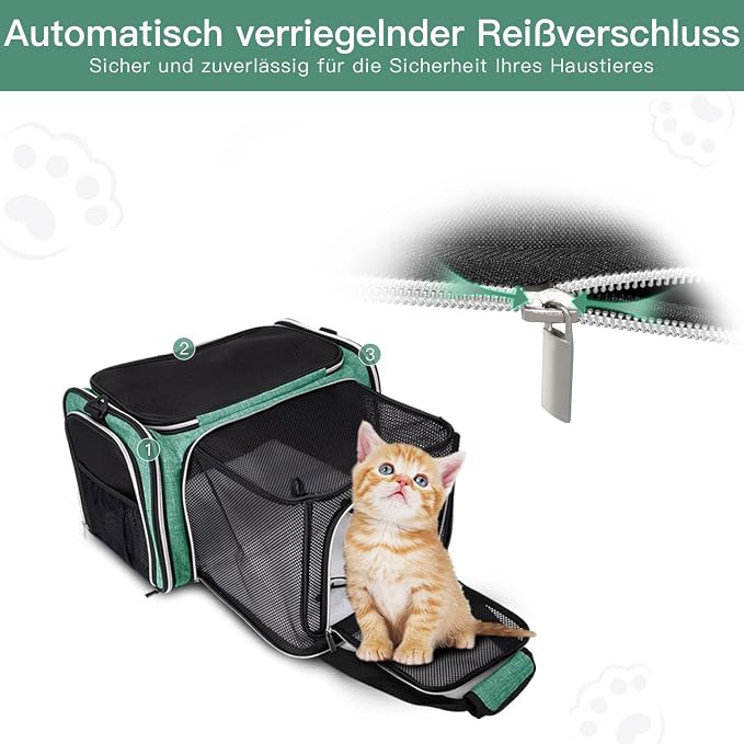BAGLHER Expandable Cat Carrier with Travel Litter Box, Pet Travel 5 Sides Open Doors 3 Sides, Leak-Proof and Collapsible, for Car, Airplane Trip, Green