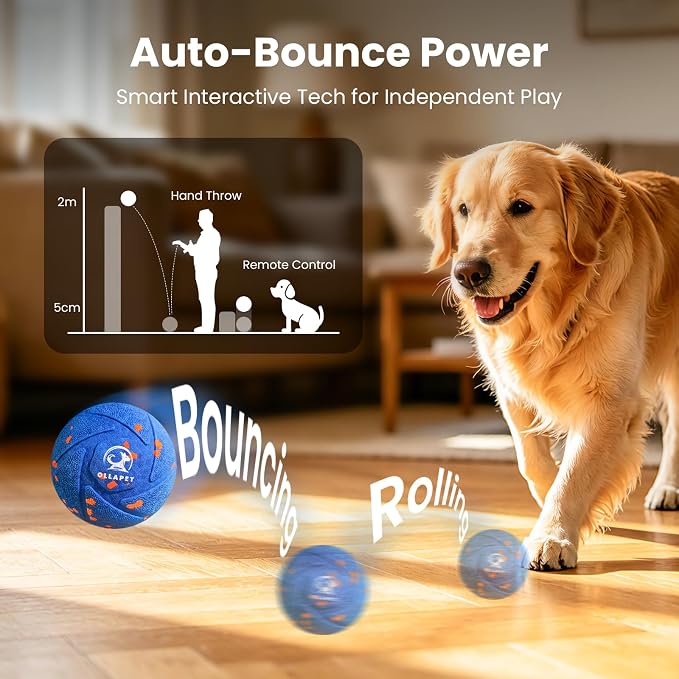 Interactive Dog Toys Dog Ball - Auto Bouncing & Rolling, Chew-Resistant E-TPU Material, 3 Interactive Modes, IPX7 Waterproof, Smart Chase Pet Toy Ball for Medium and Large Dogs (Blue)