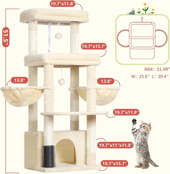 Hey-brother Cat Tree Tower with Extra Large Platform, Big Condo, MPJ070M | 51.1 Inches Scratching Posts with 2 Cozy Hammocks, Self-Grooming Brush for Indoor Adult Cats, Maine Coon, Beige