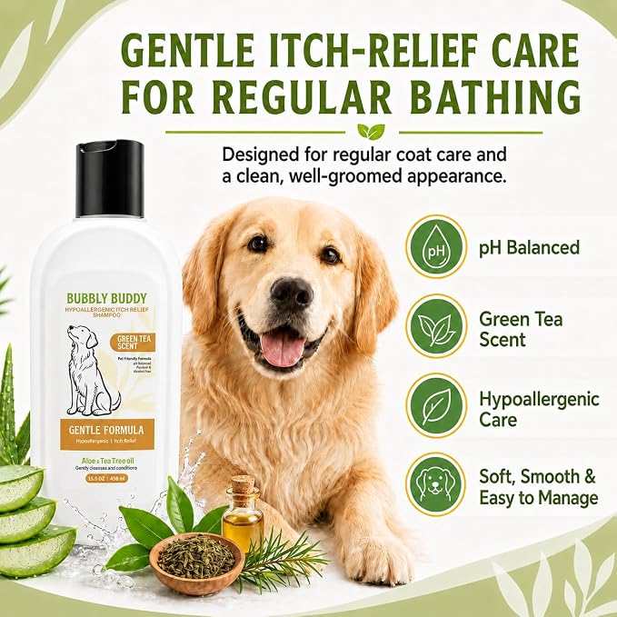 Hypoallergenic Itch Relief Shampoo for Dogs, Green Tea Scent Dog Shampoo with Aloe, Tea Tree Oil, Colloidal Oatmeal, Jojoba Oil & Vitamin E, pH Balanced Sensitive Skin & Anti-Itch Care, 15.5 fl oz